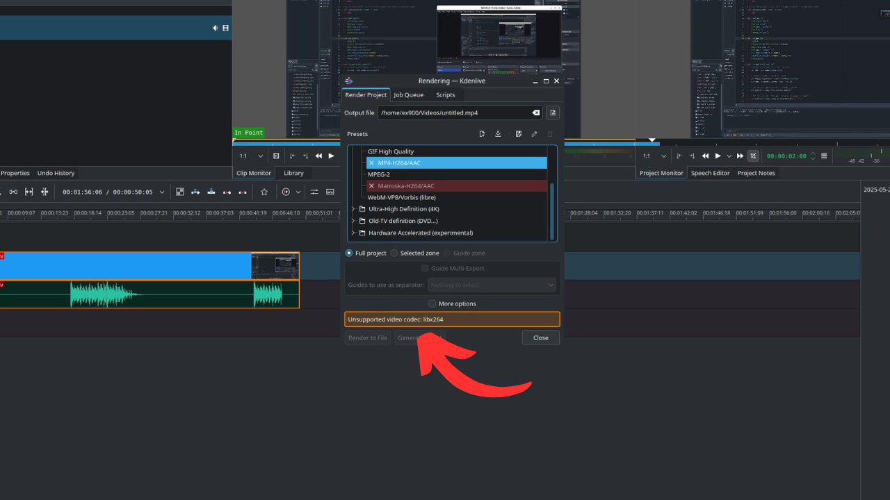 unsupported video codec libx264 kdenlive linux